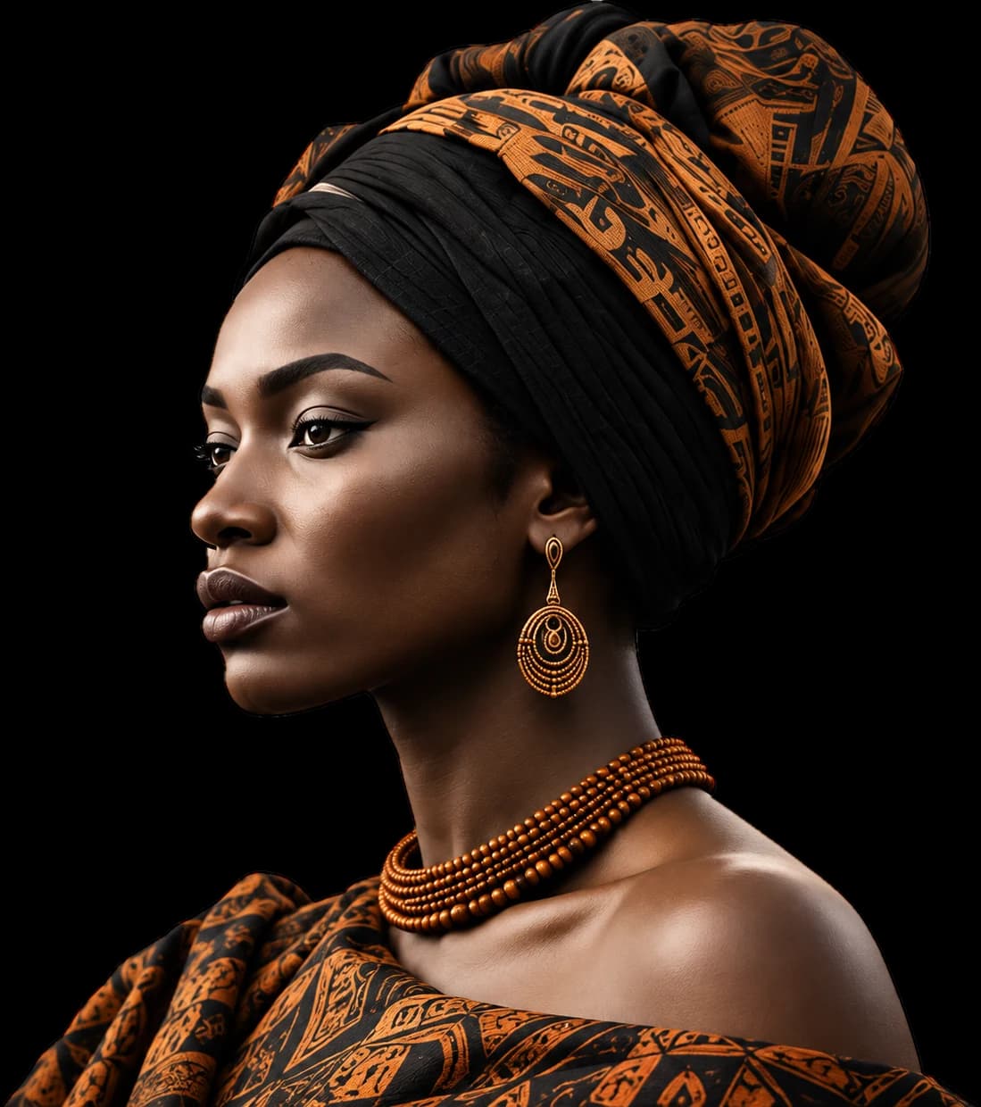 Portrait of a woman in a patterned gele and beaded necklace